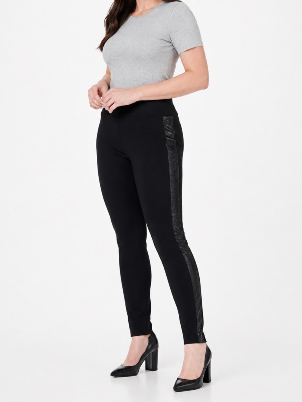 Susan Graver Ponte Knit Leggings Faux Leather Trim Women’s 1X Classic Minimalist